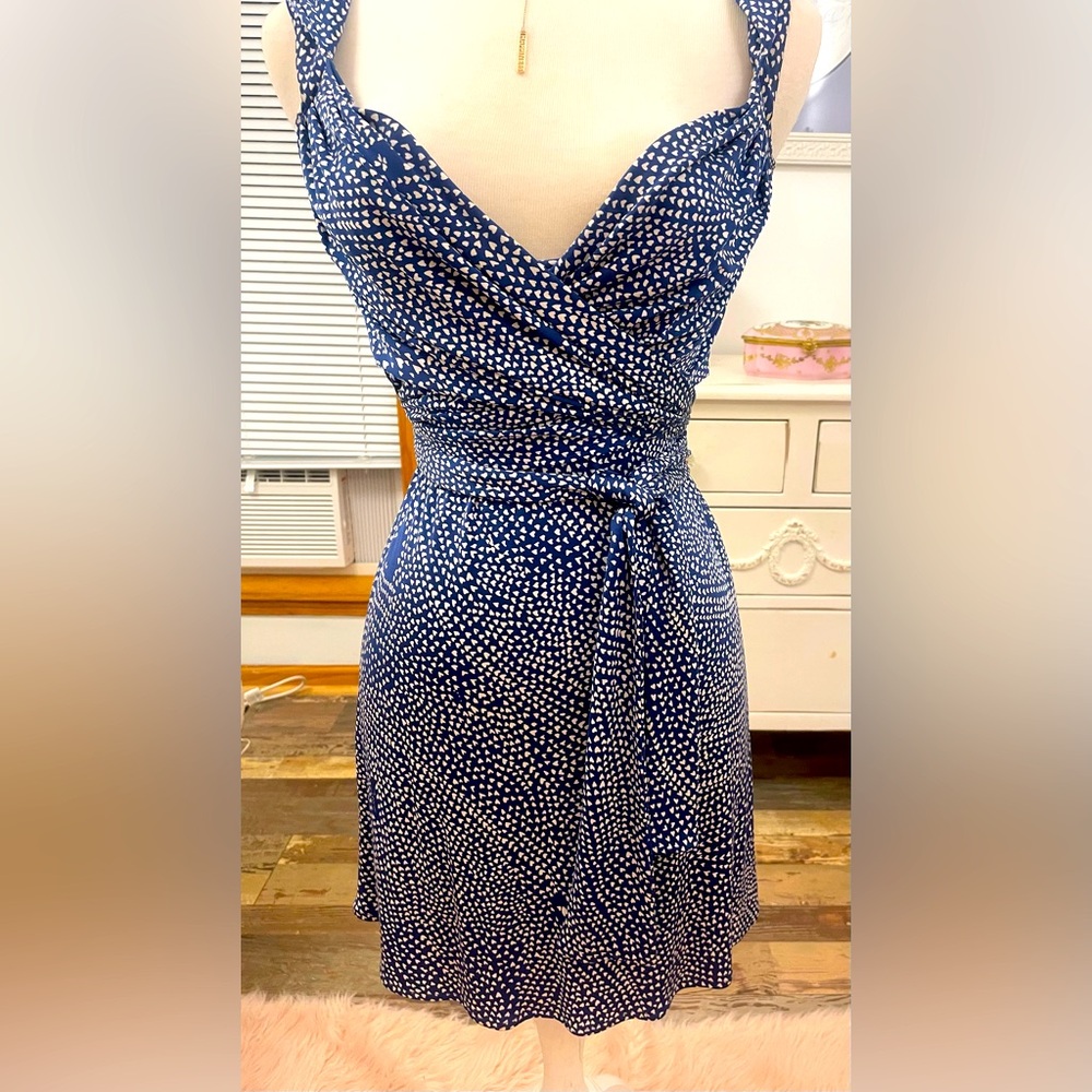 Issa London dress w/ tiny hearts throughout. Navy +white mini-wrap So flattering